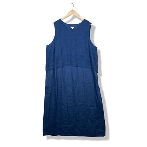 J Jill Batik Blue Linen Layered Midi Dress Womens 3X Plus Minimalist Casual NWT